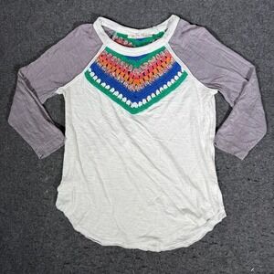 We The Free Free People Crochet Yoke Raglan Top XS White Grey Boho Slub Knit